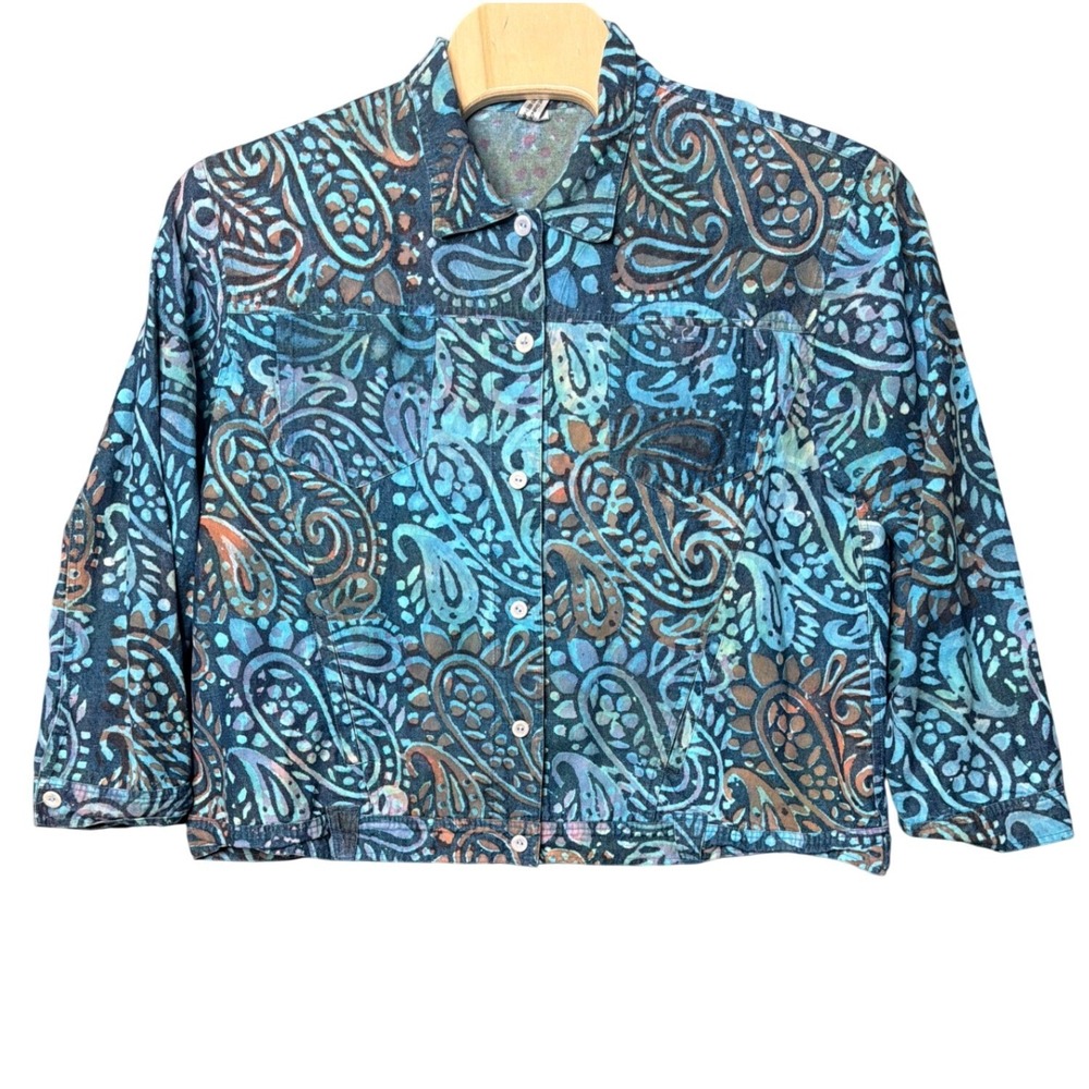 Winter Sun Jacket Womens 1X Batik Paisley Blue Button-Down Cotton Excellent